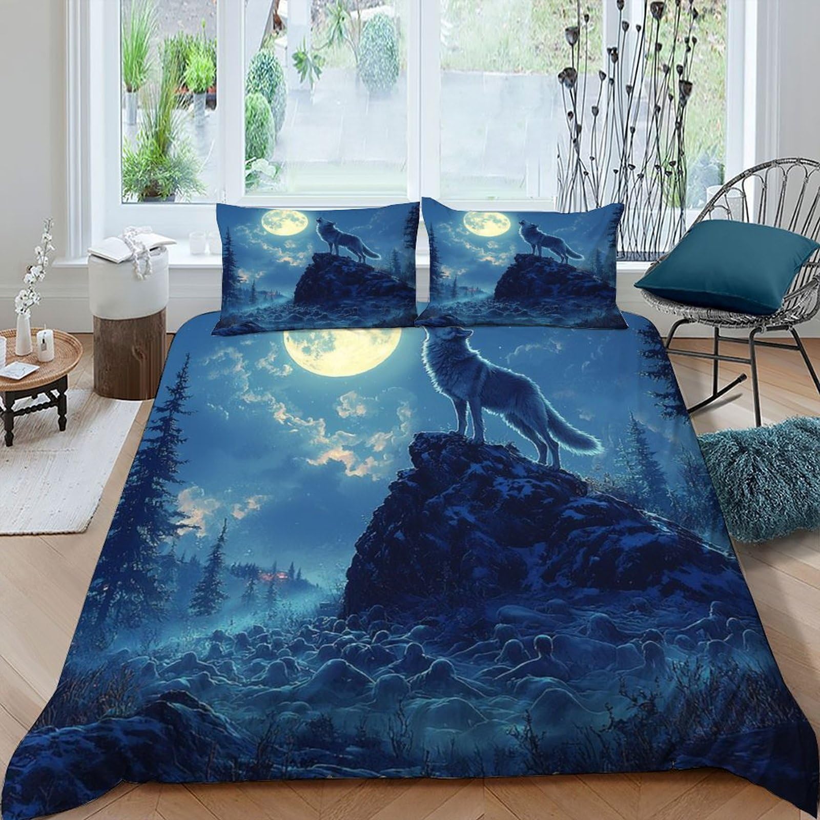 Housse de couette loup 220x240 cm parure de lit animaux microfibre adulte