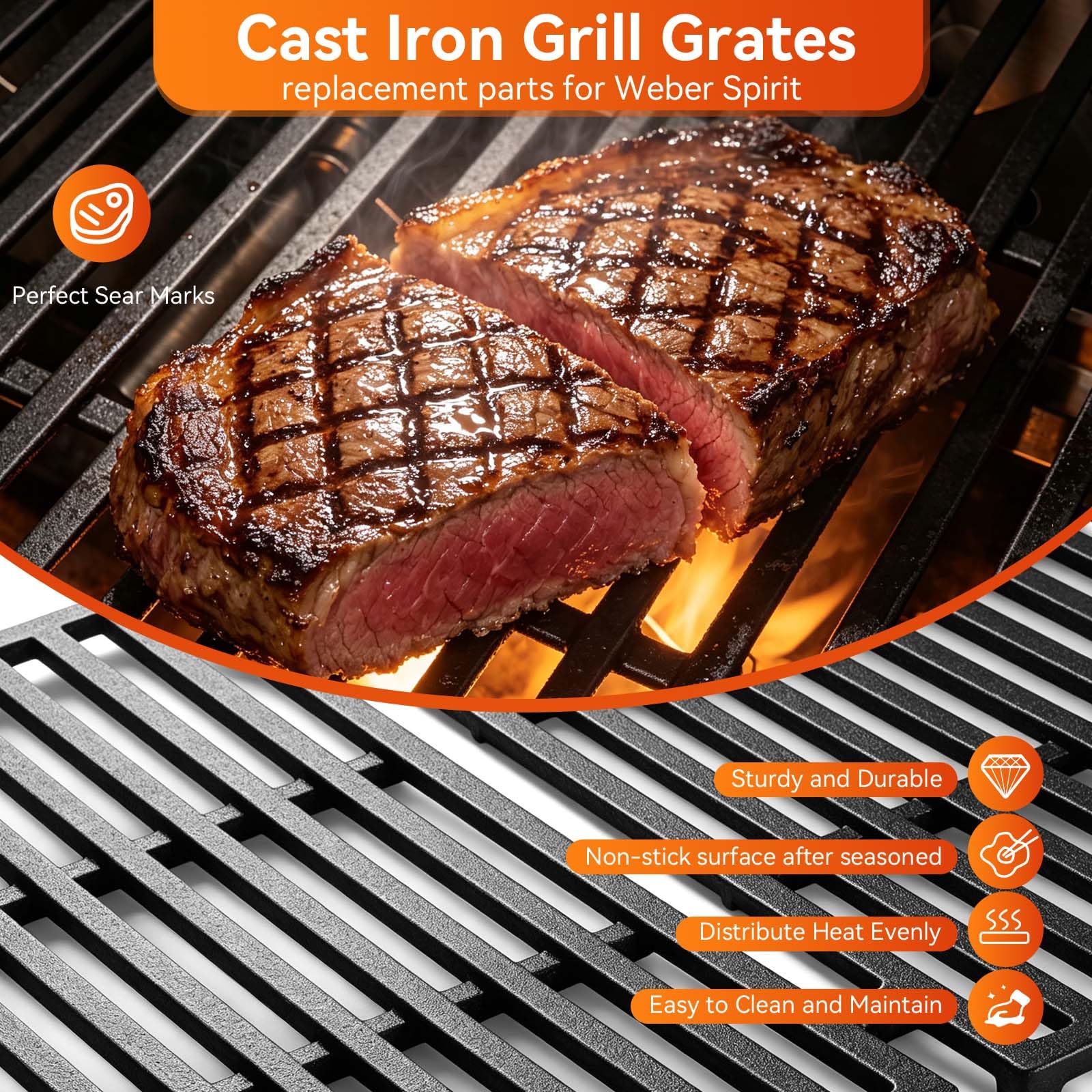 Grillrost spirit 210, 44,5cm Gusseisen Grillrost für Weber Spirit I II 200 zubehör E210 E220 S210 S220 Gasgrills (mit vorderen Bedienknöpfen), Gussrost ersatzteile Für Weber Spirit E-210, E-220, 7637