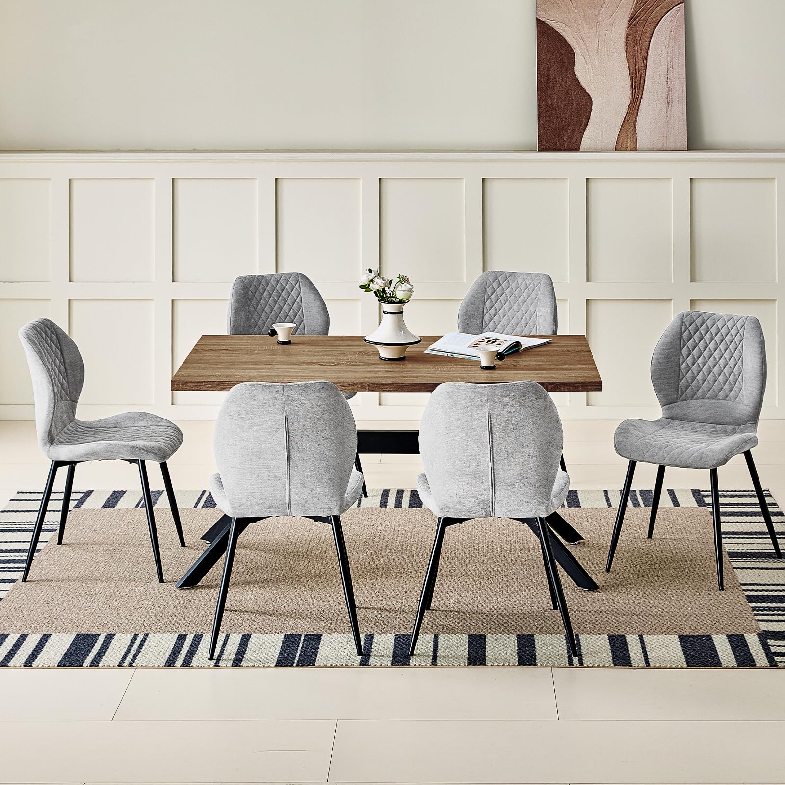 JIJIAN Essgruppen mit Dunkelbraun Holz Esstisch und 6 Grauer Stühle, Rechteckiger Esstisch in 140 x 80 x 76 cm mit 6 Ergonomischer Design Leinen Esszimmerstühle, für Esszimmer, Küche, Wohnzimmer