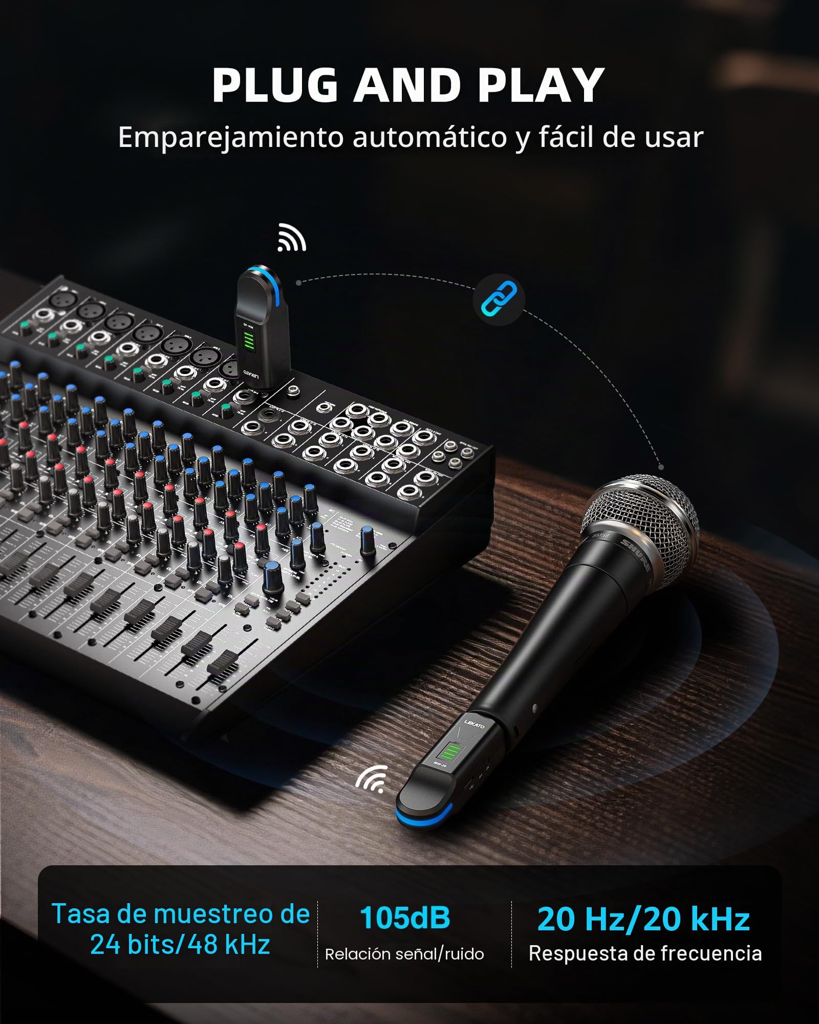 LEKATO Transmisor y receptor de micrófono XLR inalámbrico de 2.4 GHz, fuente de alimentación fantasma de 48 V, condensador/micrófonos dinámicos compatibles, Plug & Play, duración de 8 horas para