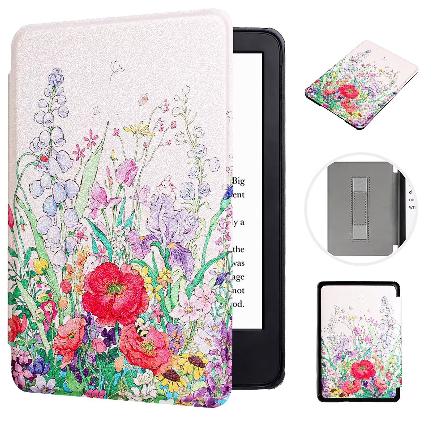 MonsDirect Case for Kindle Paperwhite 5th/6th/7th Generation 6" (Fits All 2012, 2013, 2015 and 2016 Versions), Slim PU Leather Cover with Hand Strap & Smart Auto Sleep/Wake, Flower Bush-image-20