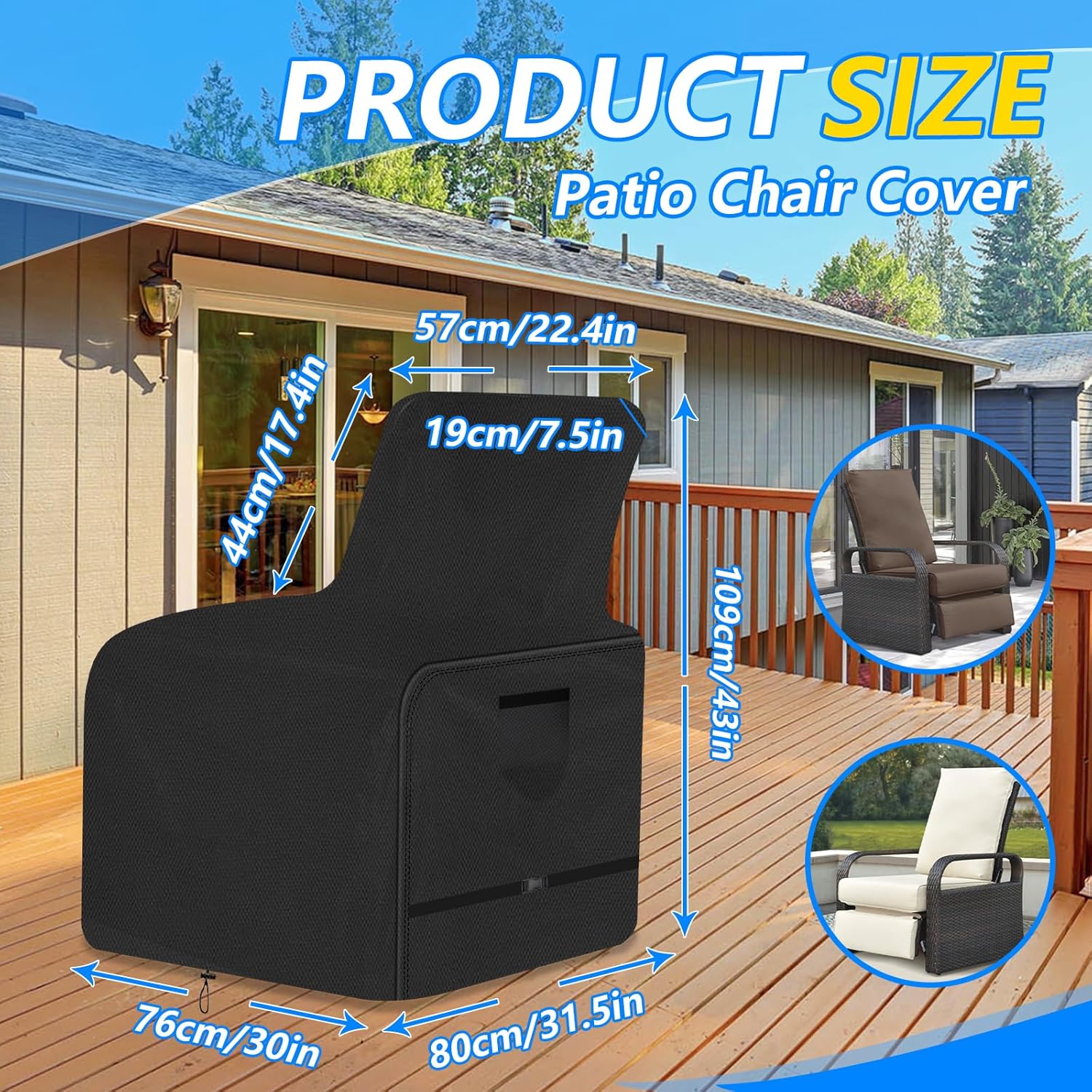 Patio Chair Cover,600D Heavy Duty Waterproof Covers for Lawn/Garden Recliner Chiar, All-Weather, Black, 29.9 * 31.5 * 43inch (Black)