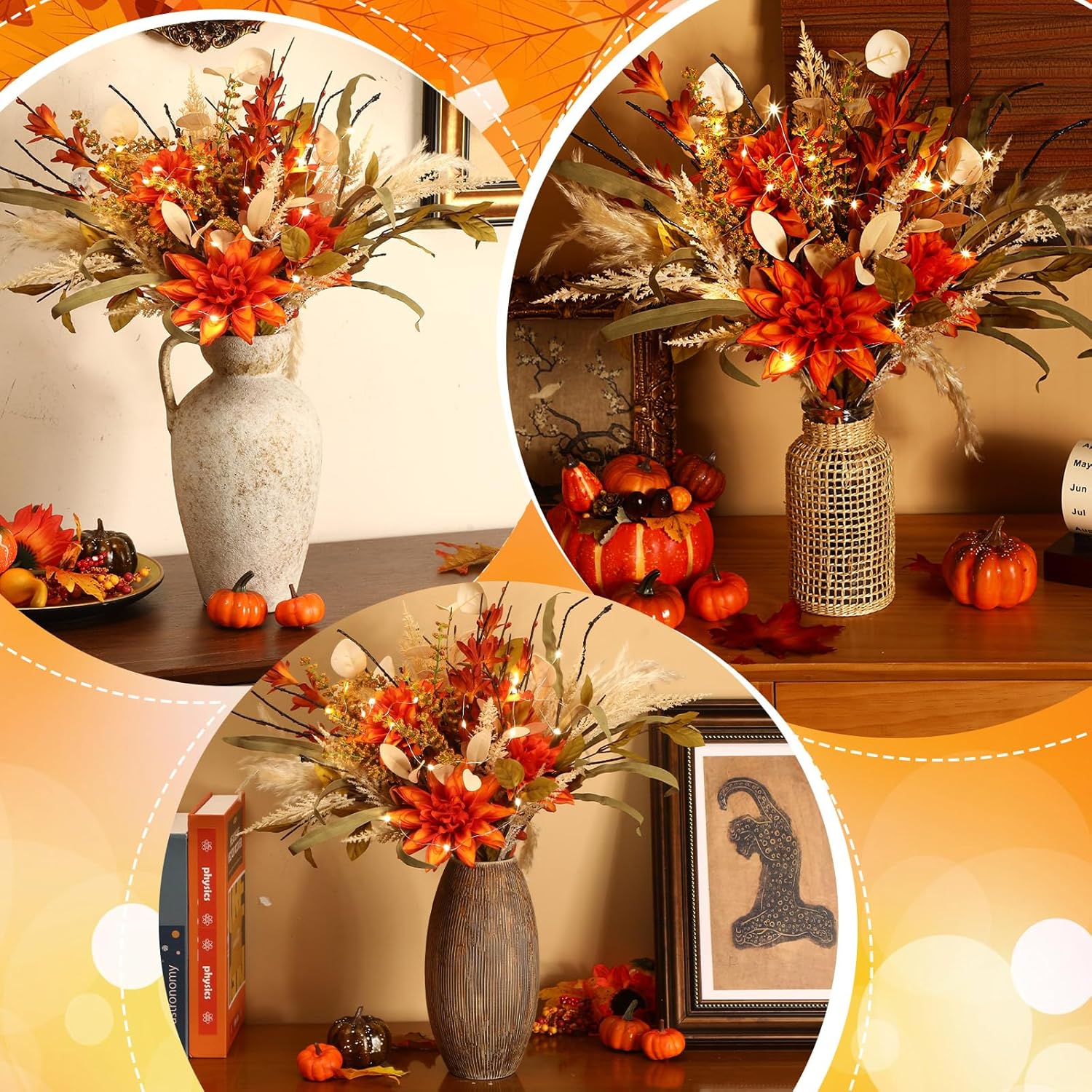 Yalikop Fall Thanksgiving Pumpkin Display with Flower Include 16 Pcs Artificial Fall Flowers and 20 Pcs Mini Pumpkin Vase Fillers LED Floral Stems for DIY Autumn Home Table Centerpiece Decorations