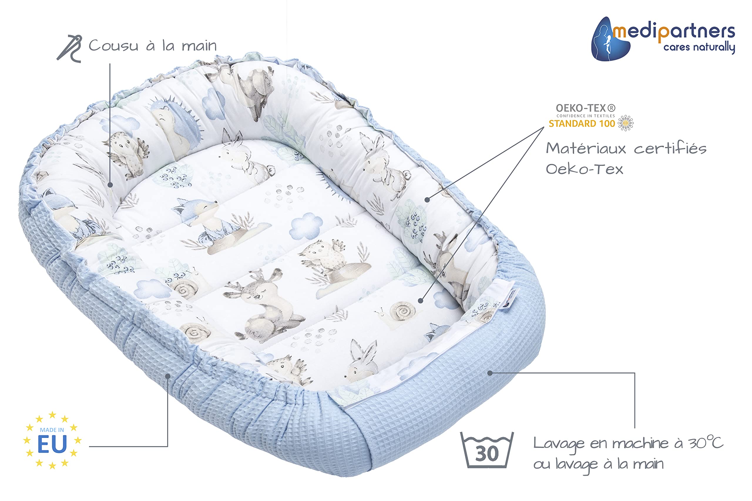 Medi Partners Nido per Neonato 100x60x15cm Baby Nest 100% Cotone Waffle Lettino da viaggio per bambini Multifunzionale Chiusura sicura (Cervo e riccio con azzurro Waffle)
