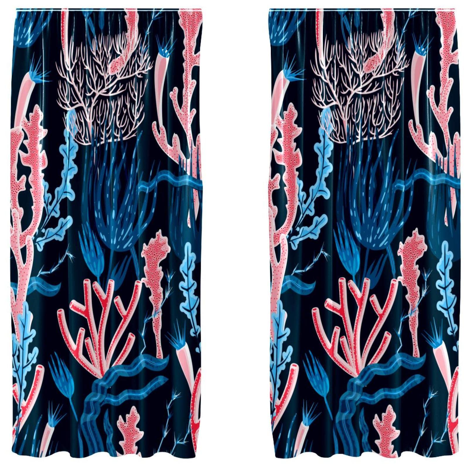 Cortinas de panel ligeras de coral azul marino con bolsillo para barra
