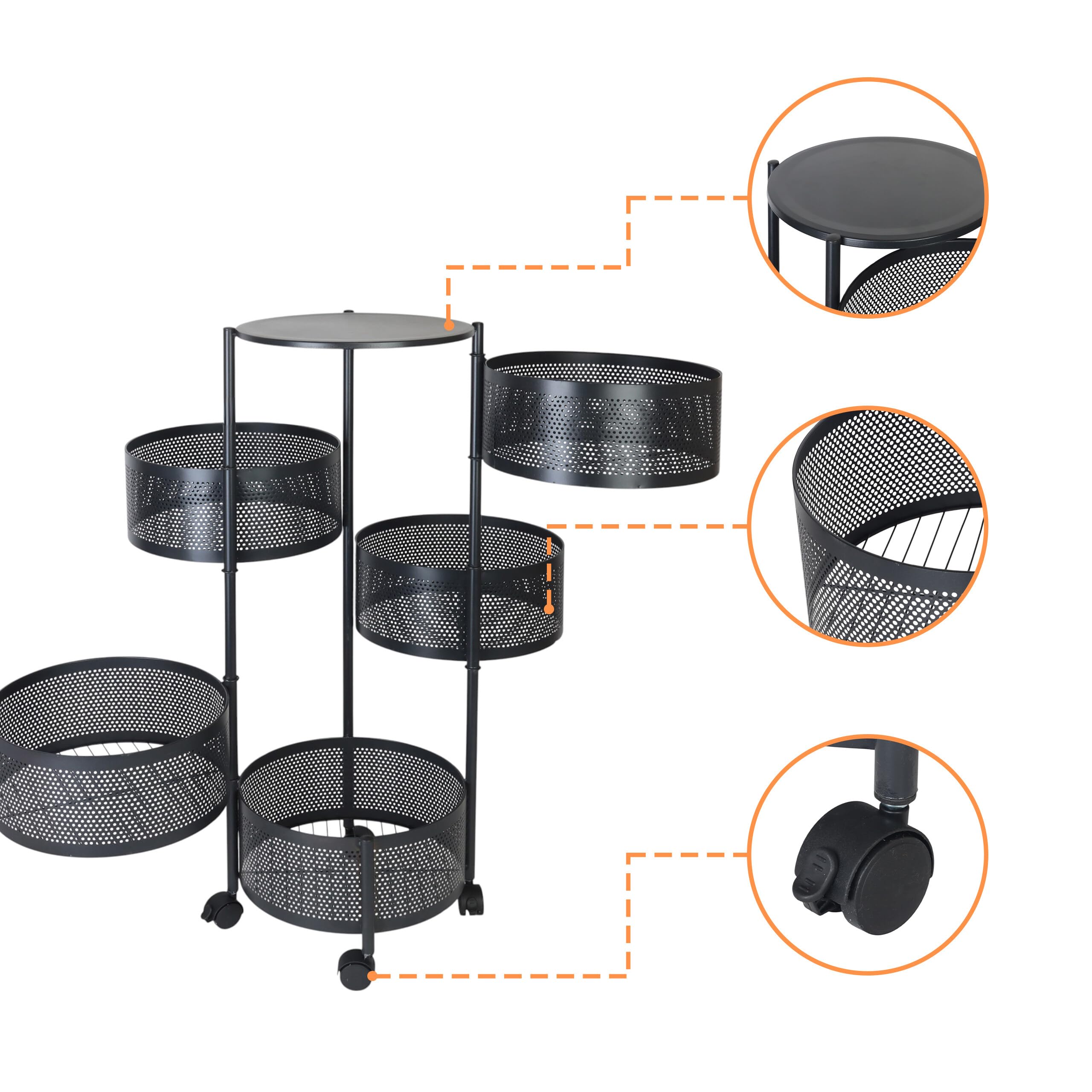 Chariot de Cuisine Relaxdays, 5 Compartiments, H x P : 90 x 34 cm, métal, 2 Freins, Chariot Noir