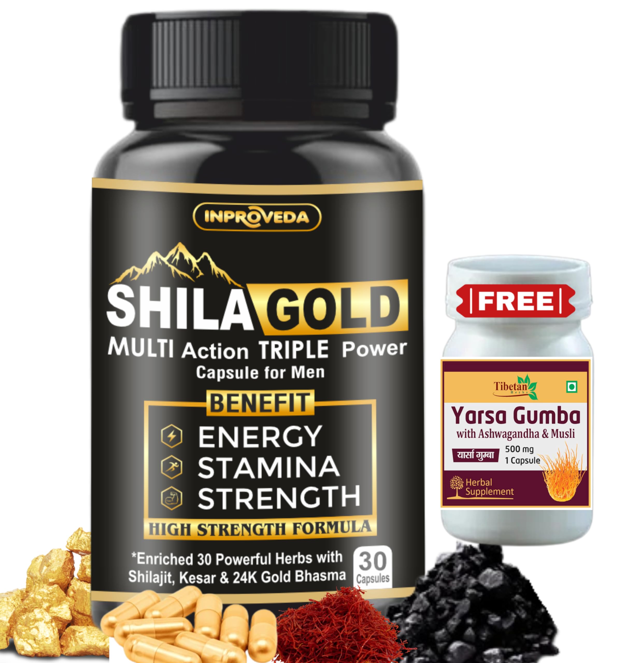 INPROVEDA Shilagold Shilajit Gold Multi Action Triple Power Ayurvedic Capsules For Men with Swarna Bhasma, Ashwagandha, Gokshura, Shatavari | 100% Ayurvedic - 30 Count