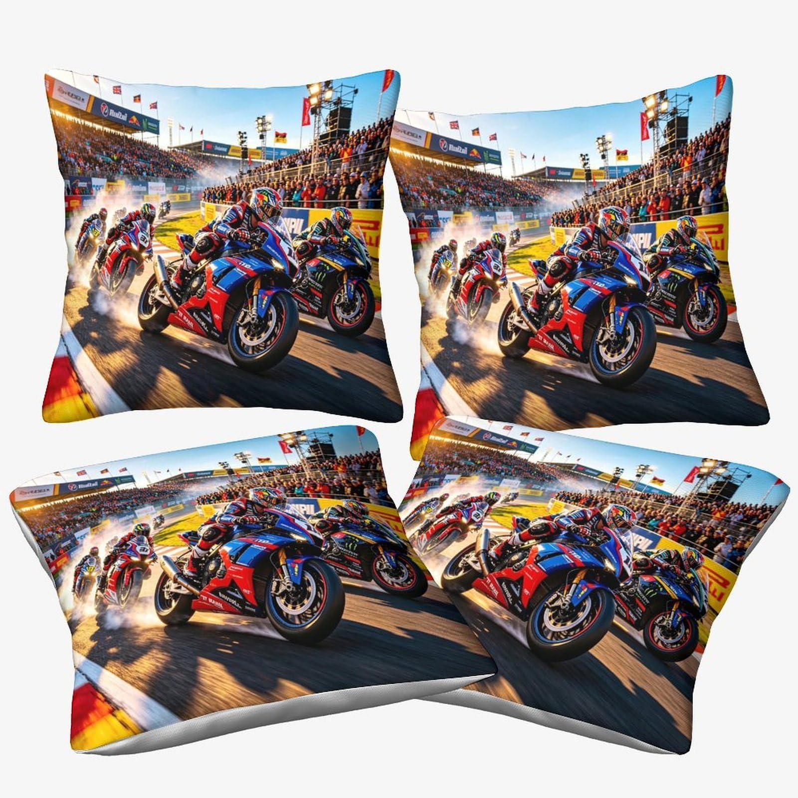 Xiaopangxy Motor Road Racing Throw Pillow Cover 45X45cm, 4 Pcs, Motorcycle Race Pillow Cases Cushion Cover For Living Room Couch Sofa Home Decor