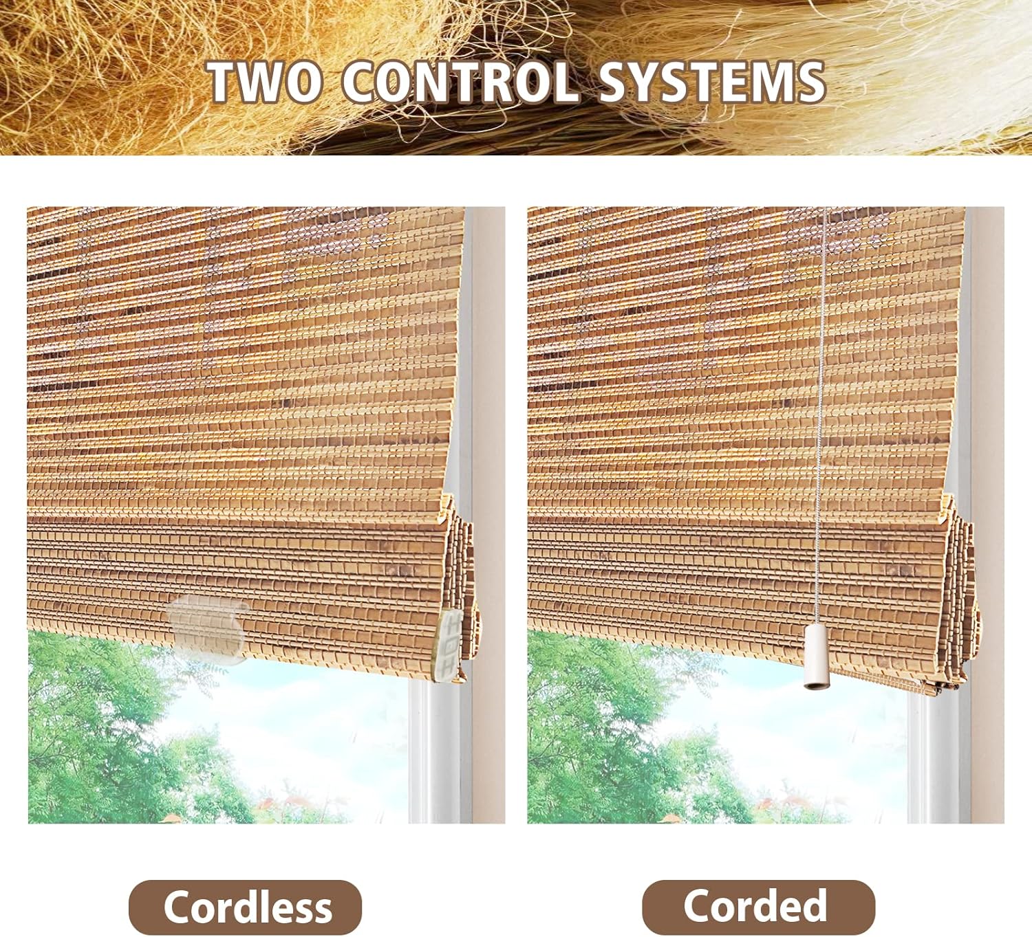 Bamboo Blinds Cordless Roman Shades, Blackout Window Shade Custom Natural 100% Linen Bamboo Shades for Windows, Color 1