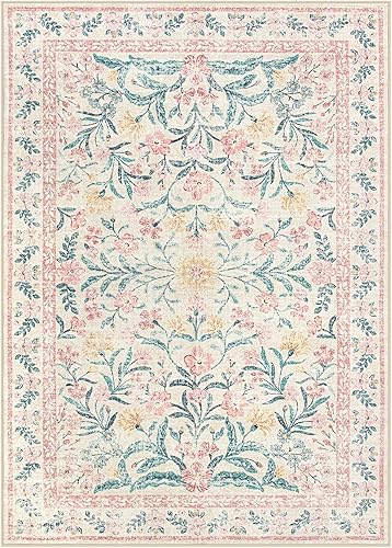 Miniatura 8 de Wonnitar - Tapete de guardería lavable a máquina de 5 x 7 pies, color rosa, para dormitorio de niña, bohemio, suave, diseño floral, antideslizante,