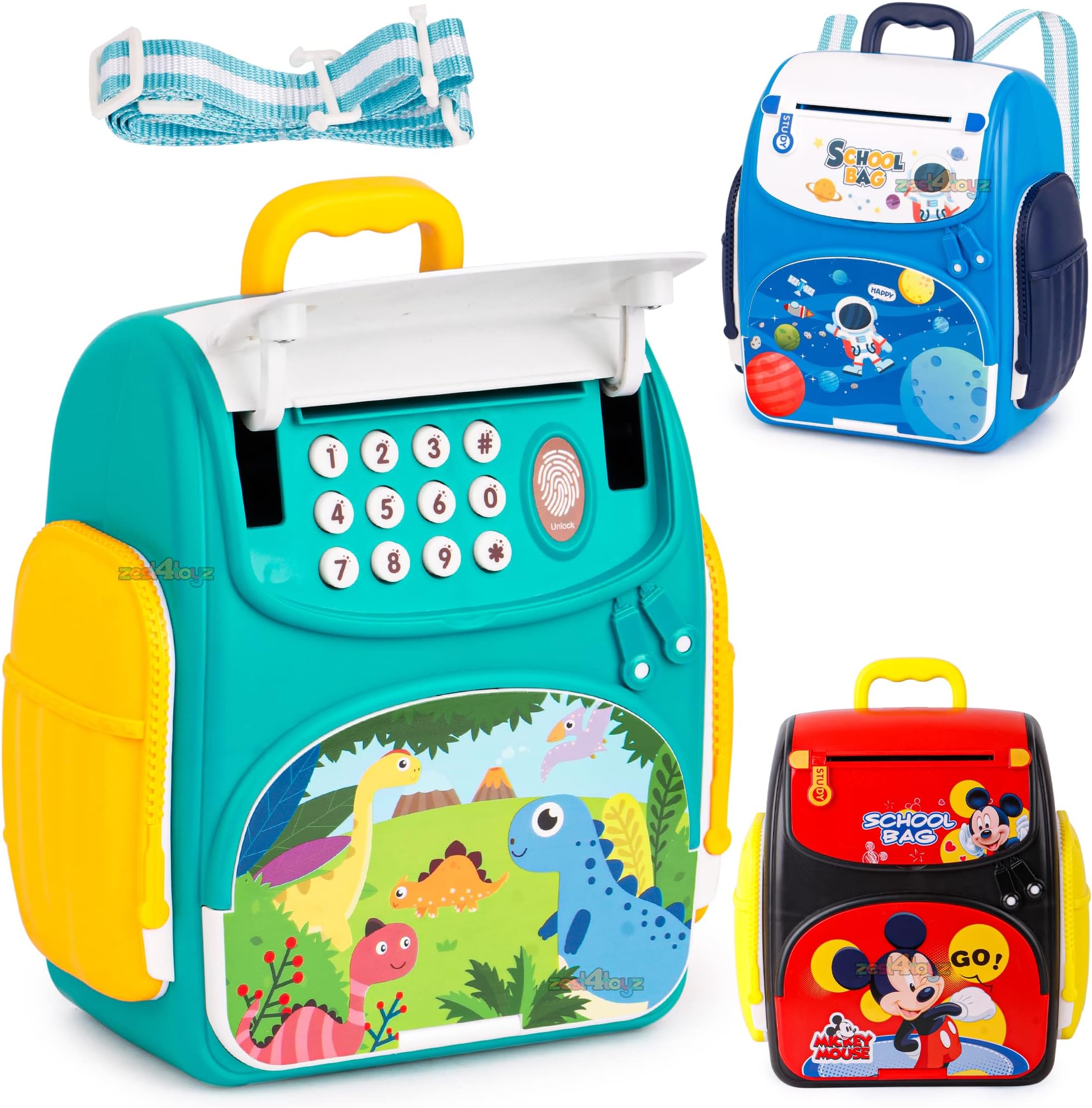 zest 4 toyz ATM Piggy Bank Money Saving Bank for Real Money Cash Coin School Bag Style Musical Money Safe for Kids Piggy Savings Bank with Finger Print Sensor (Pack of 1) Multicolor