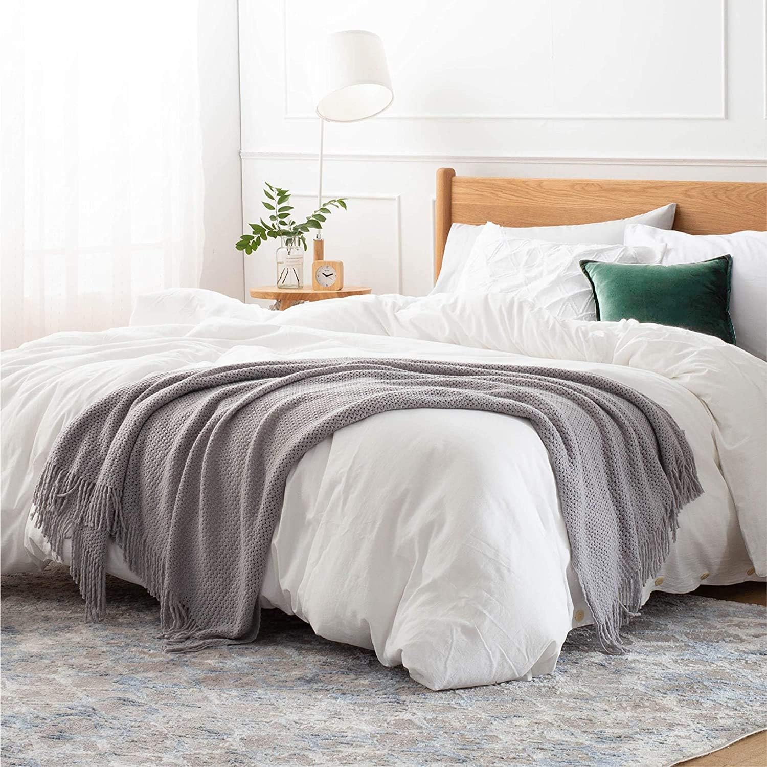 Bedsure Throw Blankets for Couch, Soft Knit Woven Blanket, 50x60 Inch - Lightweight Farmhouse Decorative Blanket with Tassels for Bed, Couch, Sofa - Suitable for Adults and Kids (Grey)
