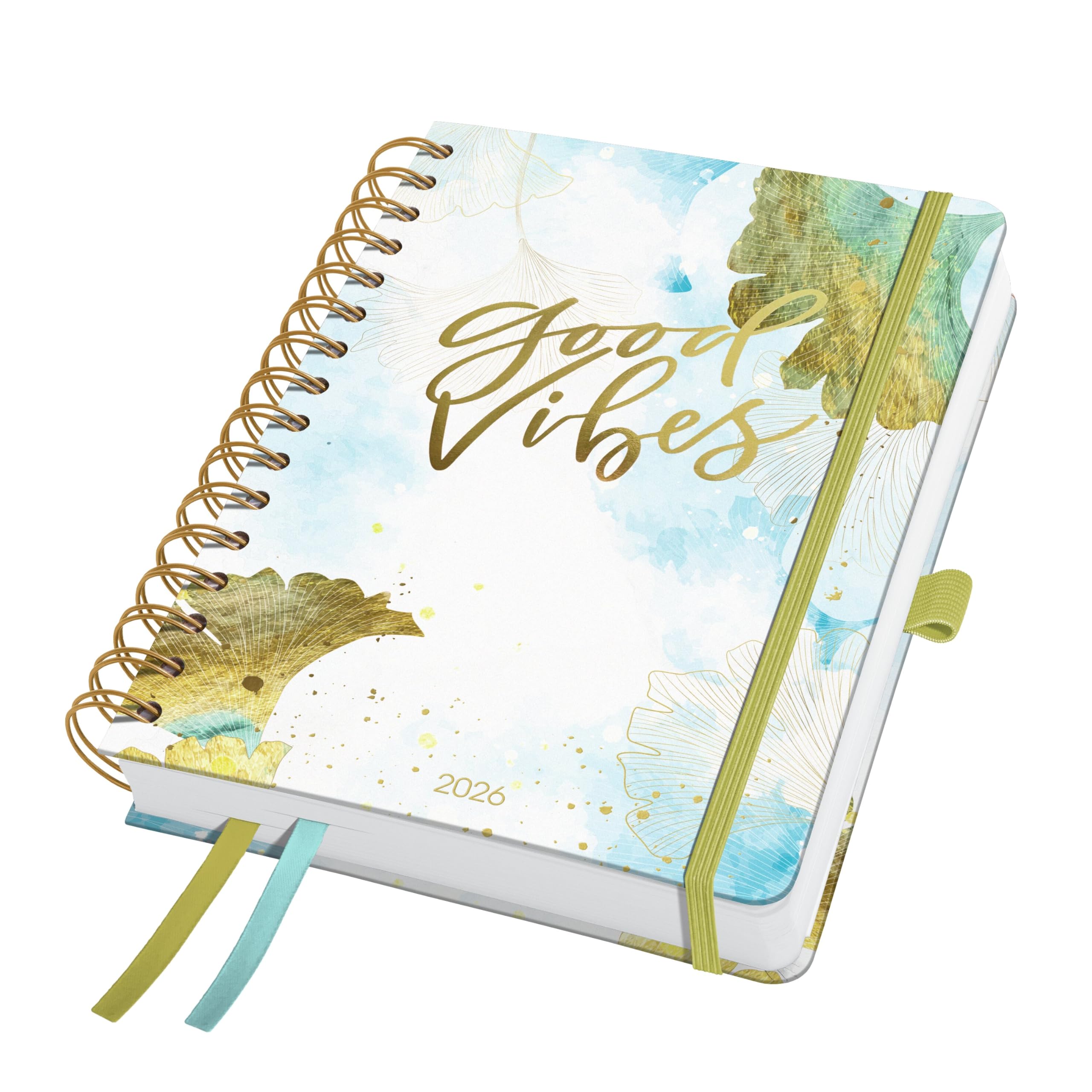 SIGEL J6606 Spiralkalender 2026 A5, hellblau, gold, Hardcover, Gummiband, Stiftschlaufe, Einstecktasche, 2 Zeichenbänder, 240 Seiten, vegan, Buchkalender, Terminplaner Taschenkalender Jolie