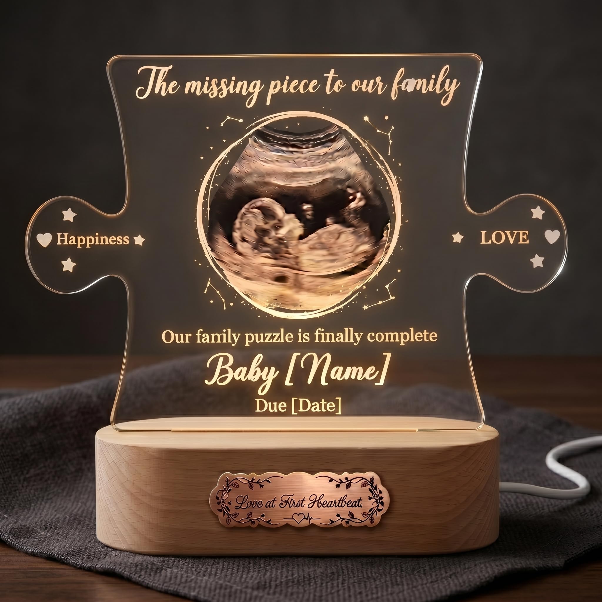 EternalEcho Personalised Baby Ultrasound Scan Picture Frame Night Light, Custom Sonogram Acrylic Puzzle Plaque Keepsake with LED Wooden Base, Unique Pregnancy Announcement Gift & Mum-to-Be Baby Shower