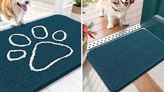OLANLY Solid Color Chenille Dog Door Mat and Paw Print Dog Doormat, Solid Color Mat Size 24x16 in Atlantic Blue，Paw Print mat Size 30x20 in Atlantic Blue, 2 Item Bundle