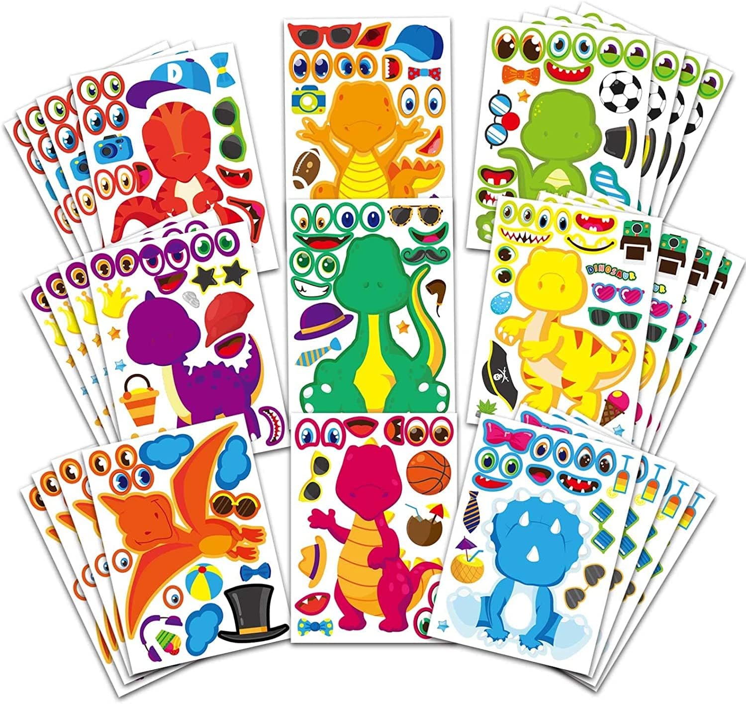 BOBBYQ 36 Sheet Dinosaur Stickers, Make Your Own Dinosaur Stickers for Kids๏ผMake a Face Stickers Dinosaur Birthday Party Supplies,DIY Project Dino Theme Birthday Party Favor for Kids