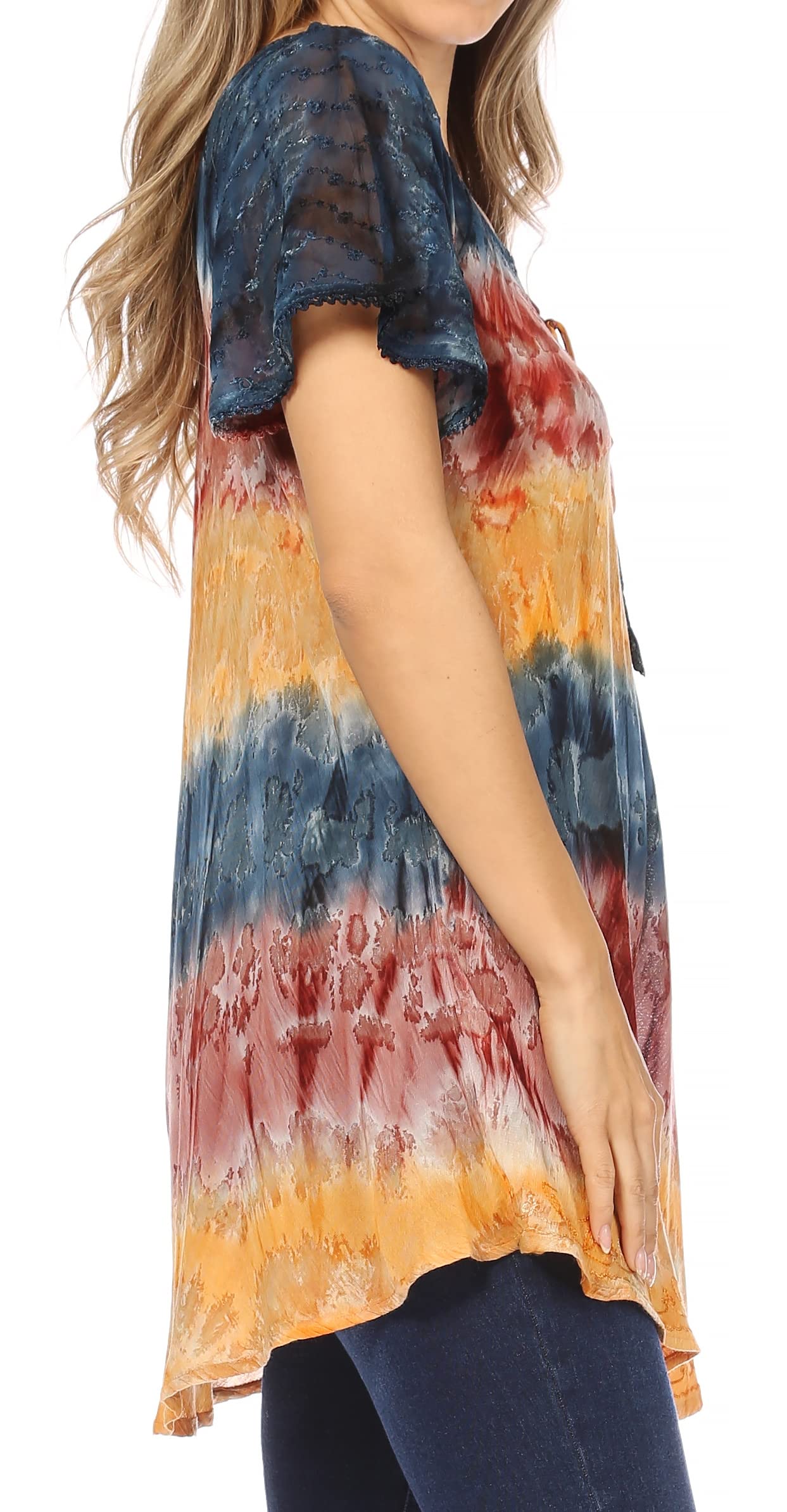 Sakkas Monet Long Tall Tie Dye Ombre Casquette brodée à Manches Blouse Shirt Top