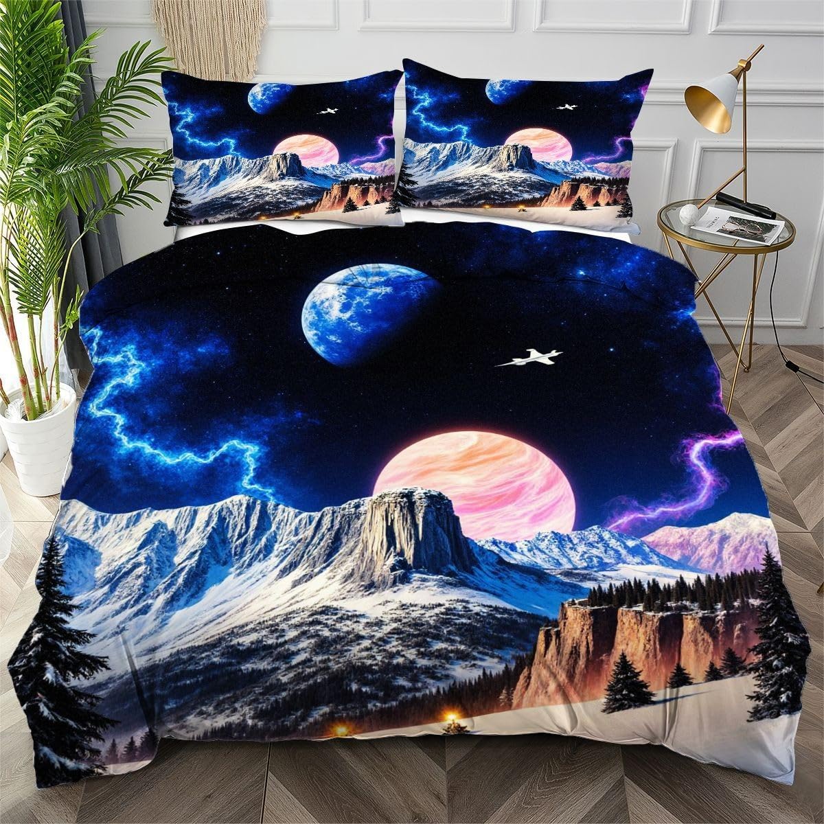 Parure de lit 240x260 planète bleue avec housse de couette en microfibre et 2 taies d'oreiller