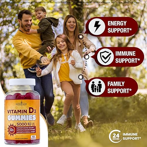 Miniatura 3 de NEW AGE Vitamina D3 5000 UI 125 mcg gomitas  Apoya el apoyo inmunológico, fuerte salud ósea, sin OMG, sin gluten, sin lácteos, sin gelatina (60