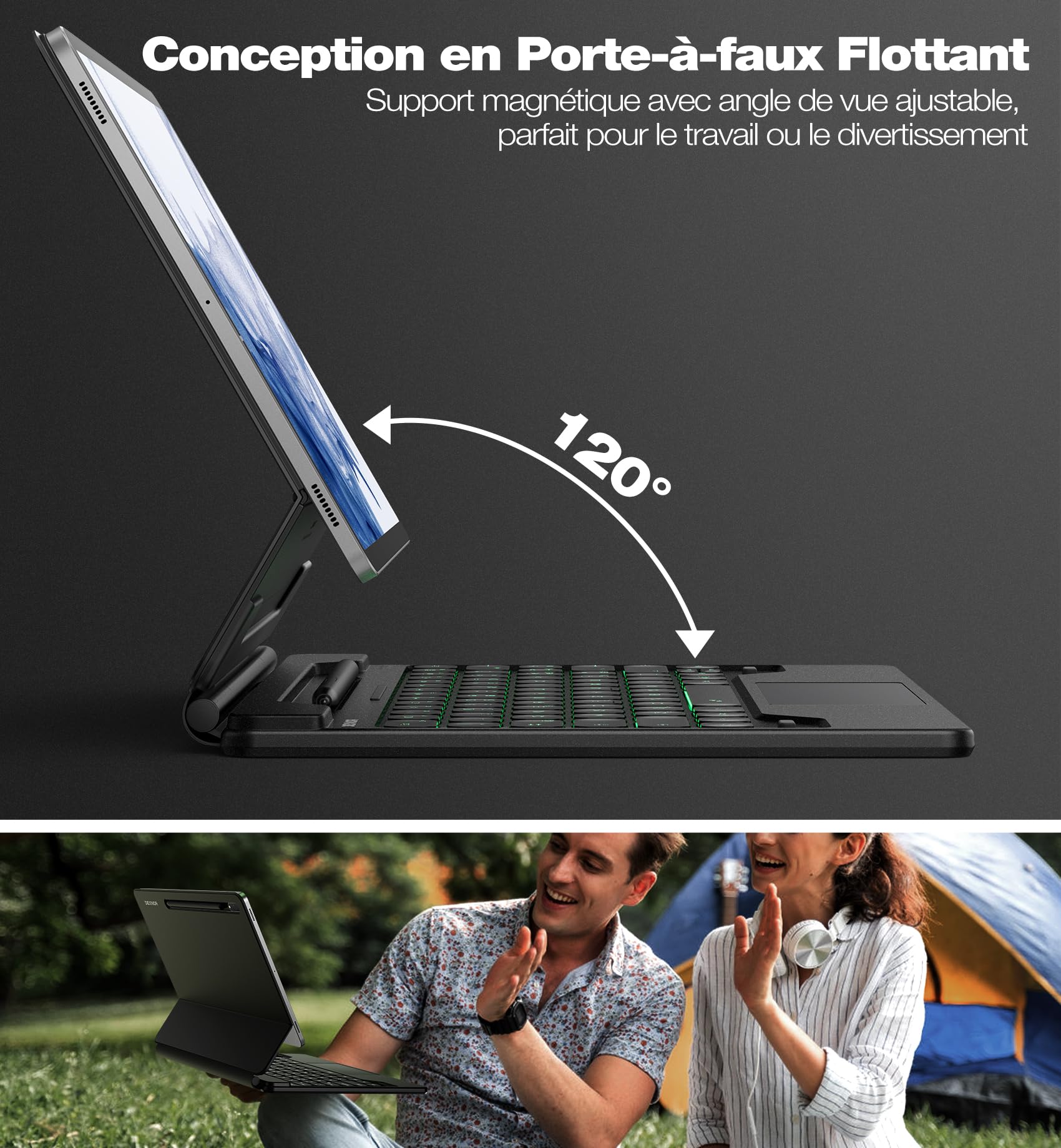 Dexnor Clavier Tablette pour Samsung Galaxy Tab S10+ Plus/S9+ Plus/S9 FE+ Plus/S8+ Plus/S7 FE/S7+ Plus 12,4" Magic Style Keyboard Support Magnétique Trackpad Rétro-éclairé AZERTY Français, Noir