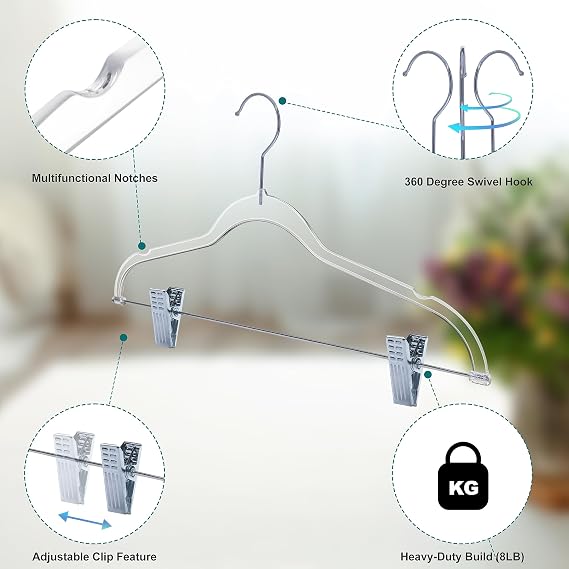 Clear Plastic Pants Hangers with Clips 5 Pack | Heavy Duty Skirt Hangers Swivel Hook and Notches | Space Saving Acrylic Clip Hangers for Pants | Suitable for All Clothing | 16.5 Inch (Clear, 5)
