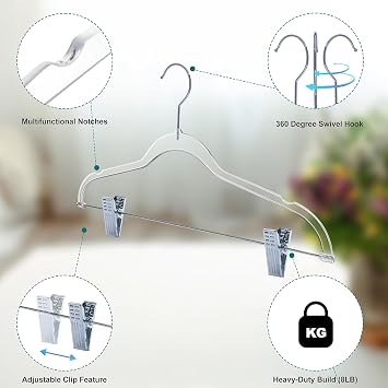 Clear Plastic Pants Hangers with Clips 5 Pack | Heavy Duty Skirt Hangers Swivel Hook and Notches | Space Saving Acrylic Clip Hangers for Pants | Suitable for All Clothing | 16.5 Inch (Clear, 5)