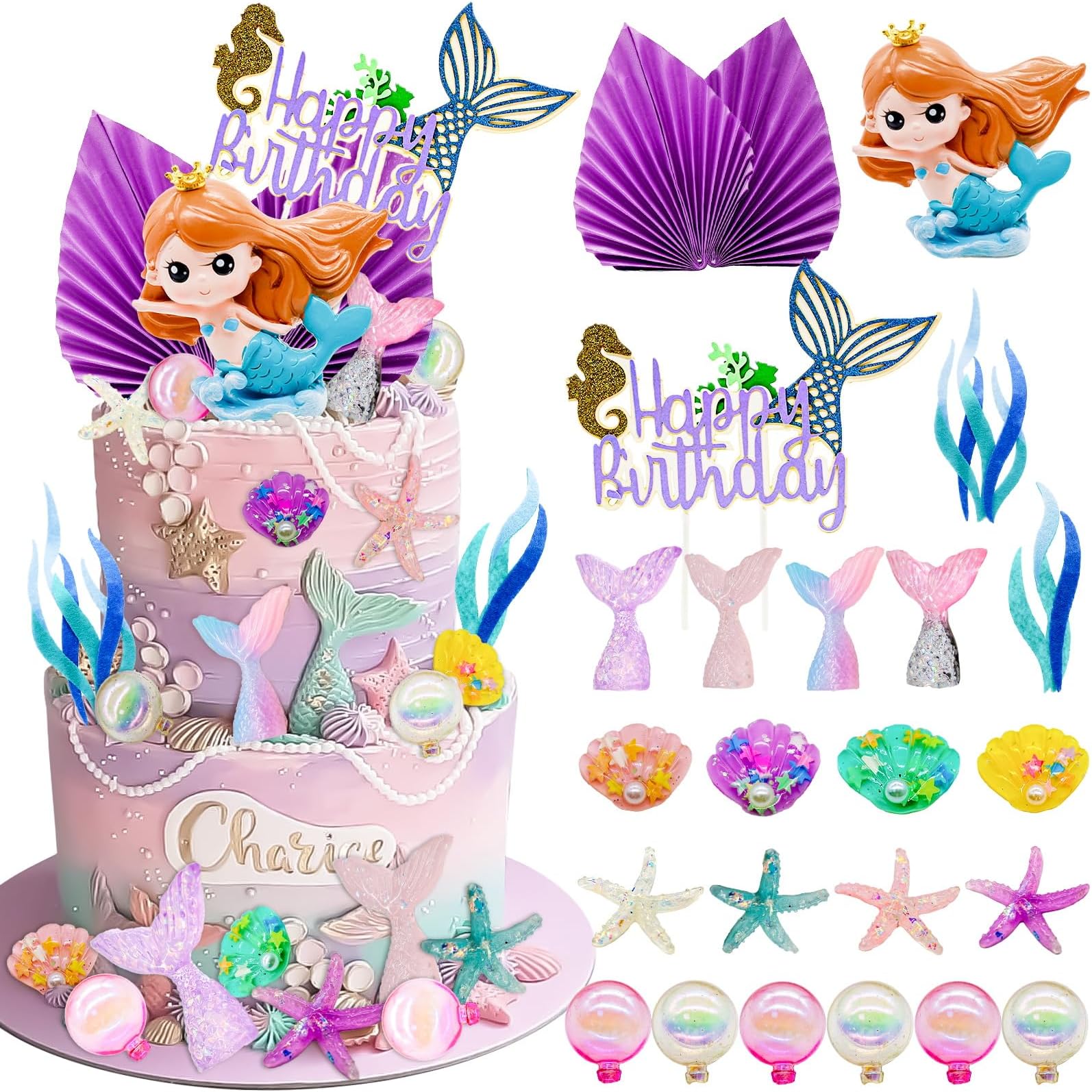 Mermaid Cake Toppers 24pcs Little Mermaid Figurine Under the Sea Cake Topper Seaweed Palm Leaves Bubble Starfish Shell Tail Cake Decorations for Theme Princess Birthday Party