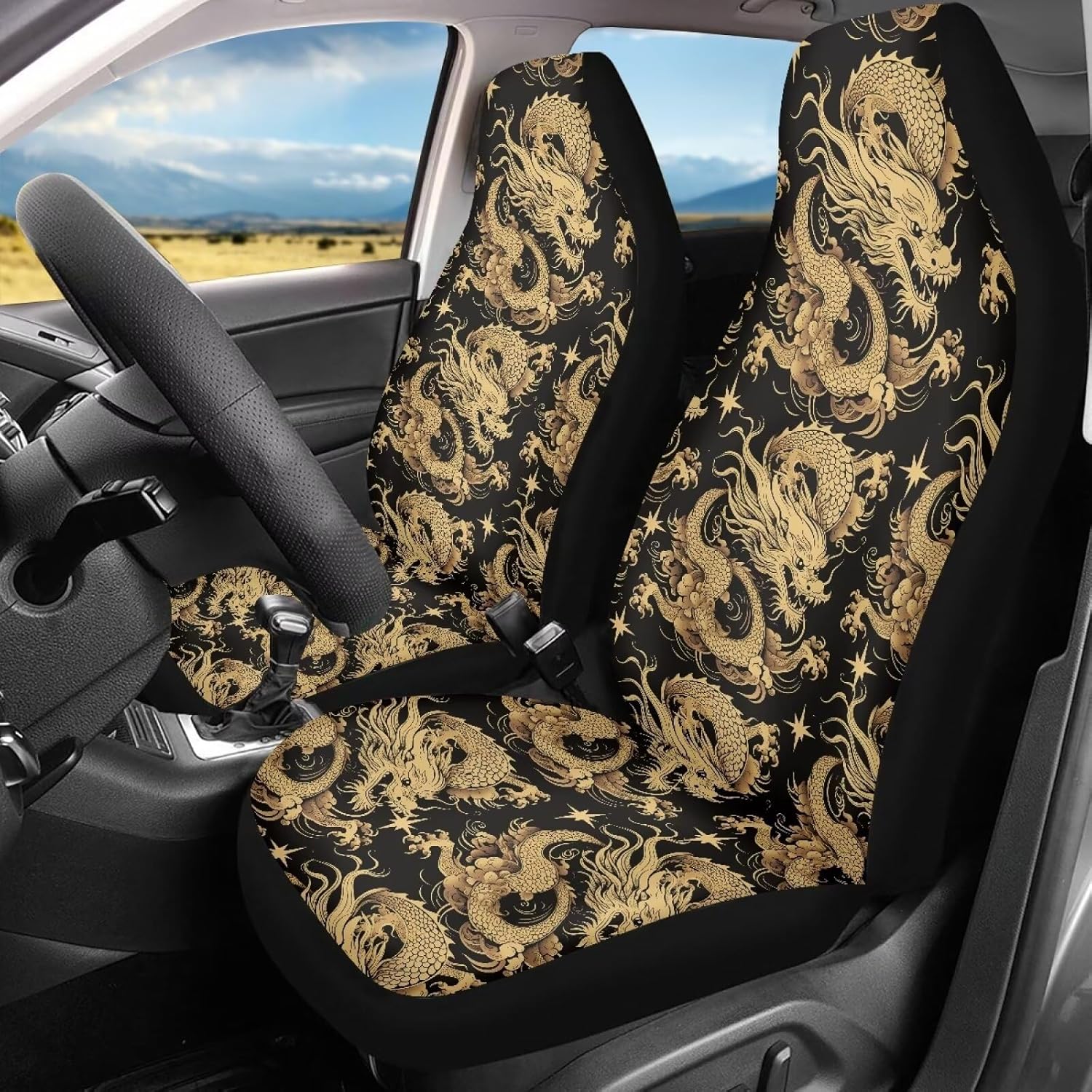 Mumeson Dragon Printed Automotive Car Seat Covers Full Set 2 Pcs Vehicle Accessories Seat Protectors Interior Front Seat Cushion Protector Cover for Womens Ladies Vehicle Covers