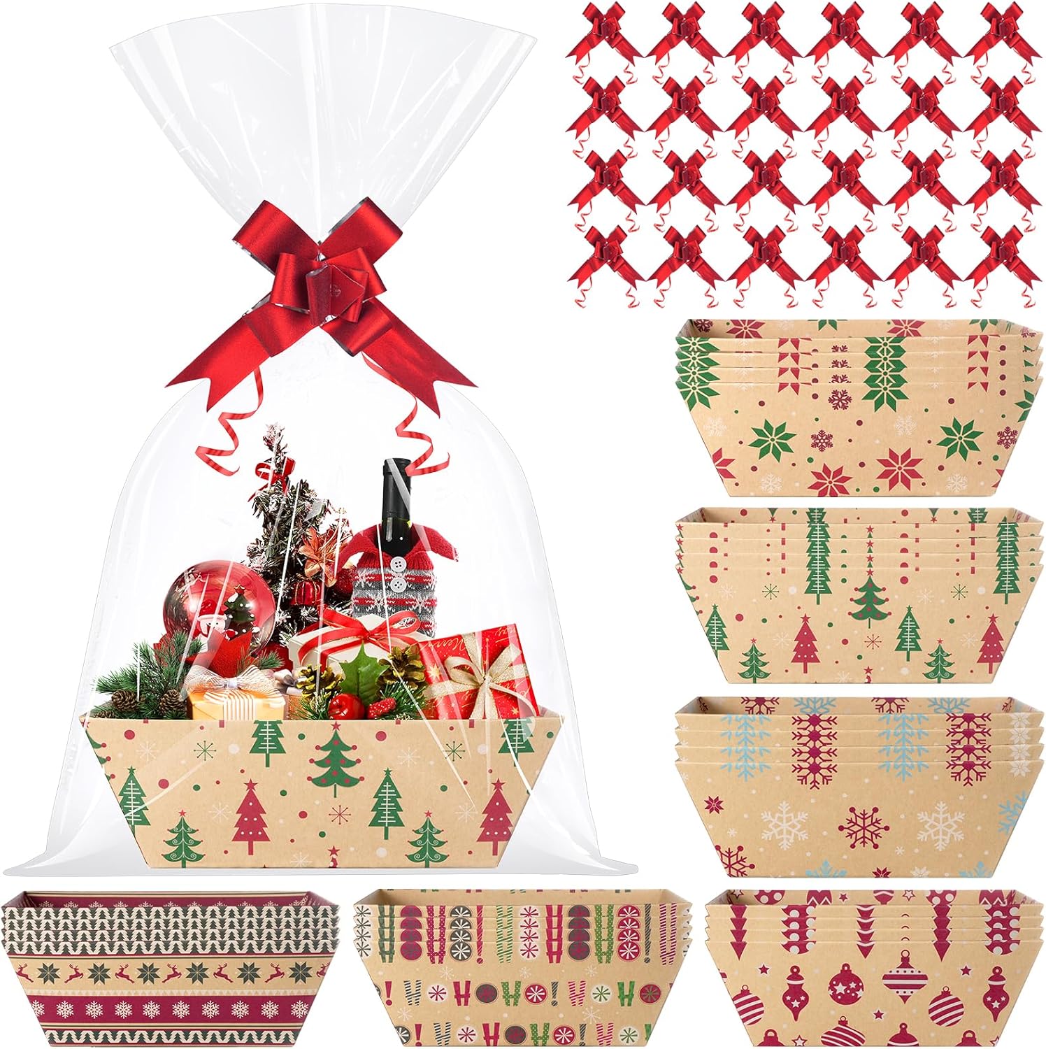 24 Set Christmas Gift Baskets Empty 10x7 Inch, Kraft Paper Christmas Gifts Baskets with Cellophane Bags and Red Pull Bows, Reusable Gift Wrapping for Xmas Holiday Winter Party Supplies