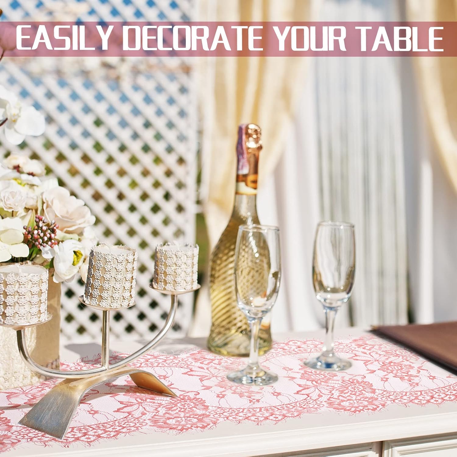 Newwiee 10 Pcs Rose Pink Lace Table Runner 14 x 120 Inch Embroidered Floral Cloths Romantic Table Runner for Wedding Bridal Shower Birthday Party Decorations