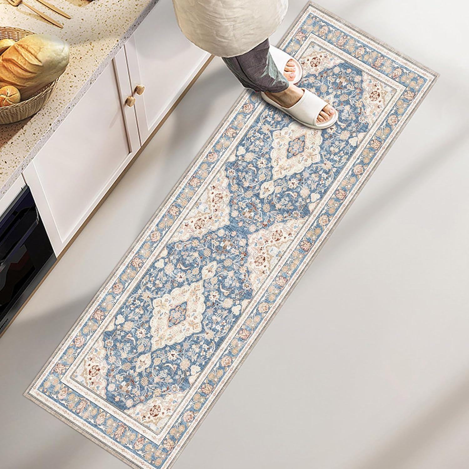 Vhong Boho Area Rugs Washable Runner Vintage Modern Neutral Carpet Blue 2×6 High Traffic Rugs for Kitchen Hallway Living Room Non Slip