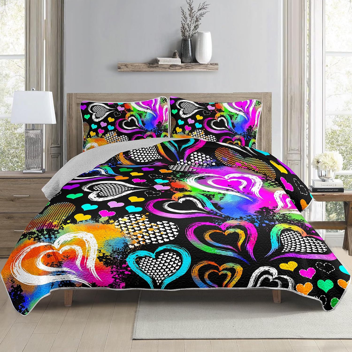 AILONEN Graffiti Hearts Print Twin Size Quilt Set - 3Pcs Neon Hip Hop Bedspread Coverlet - Colorful Fantasy Cartoon Quilt,2 Pillowcases