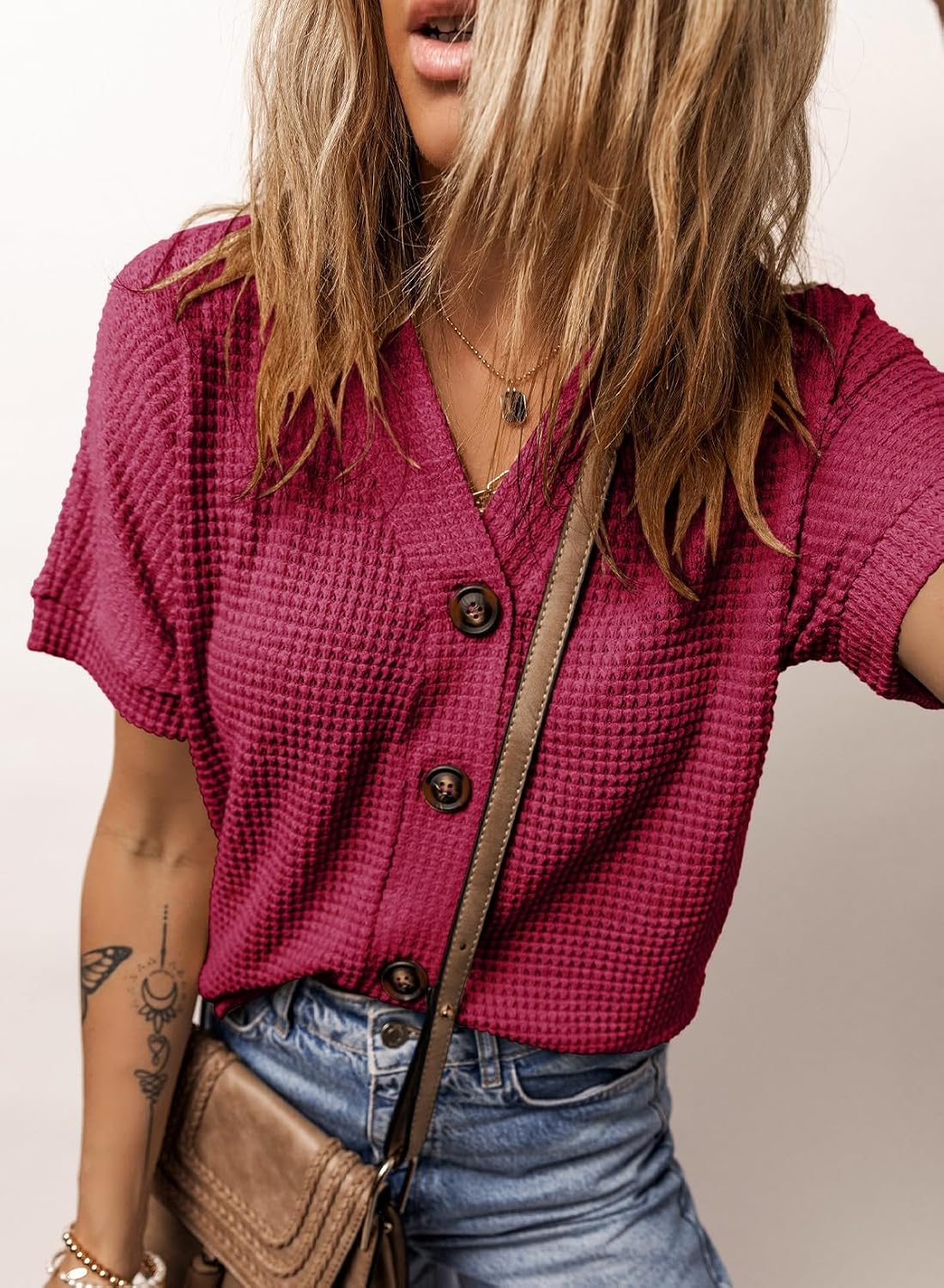 Dokotoo Womens Summer Tops 2026 Waffle Knit Button Down Shirts Casual V Neck Short Sleeve Shacket Jacket Dressy Blouses