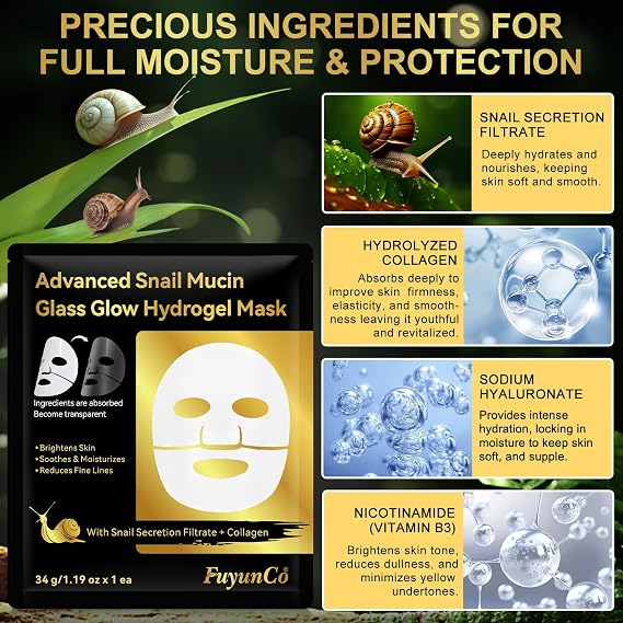 Snail Mucin Glass Glow Mask (4x Pack), Collagen Face Mask with Snail Mucin Serum, Hydrating Hydrogel Collagen Mask for Glass Skin Glow, Soothing & Firming, Skin Care Masks for Dry Skin