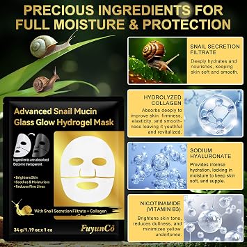Snail Mucin Glass Glow Mask (4x Pack), Collagen Face Mask with Snail Mucin Serum, Hydrating Hydrogel Collagen Mask for Glass Skin Glow, Soothing & Firming, Skin Care Masks for Dry Skin