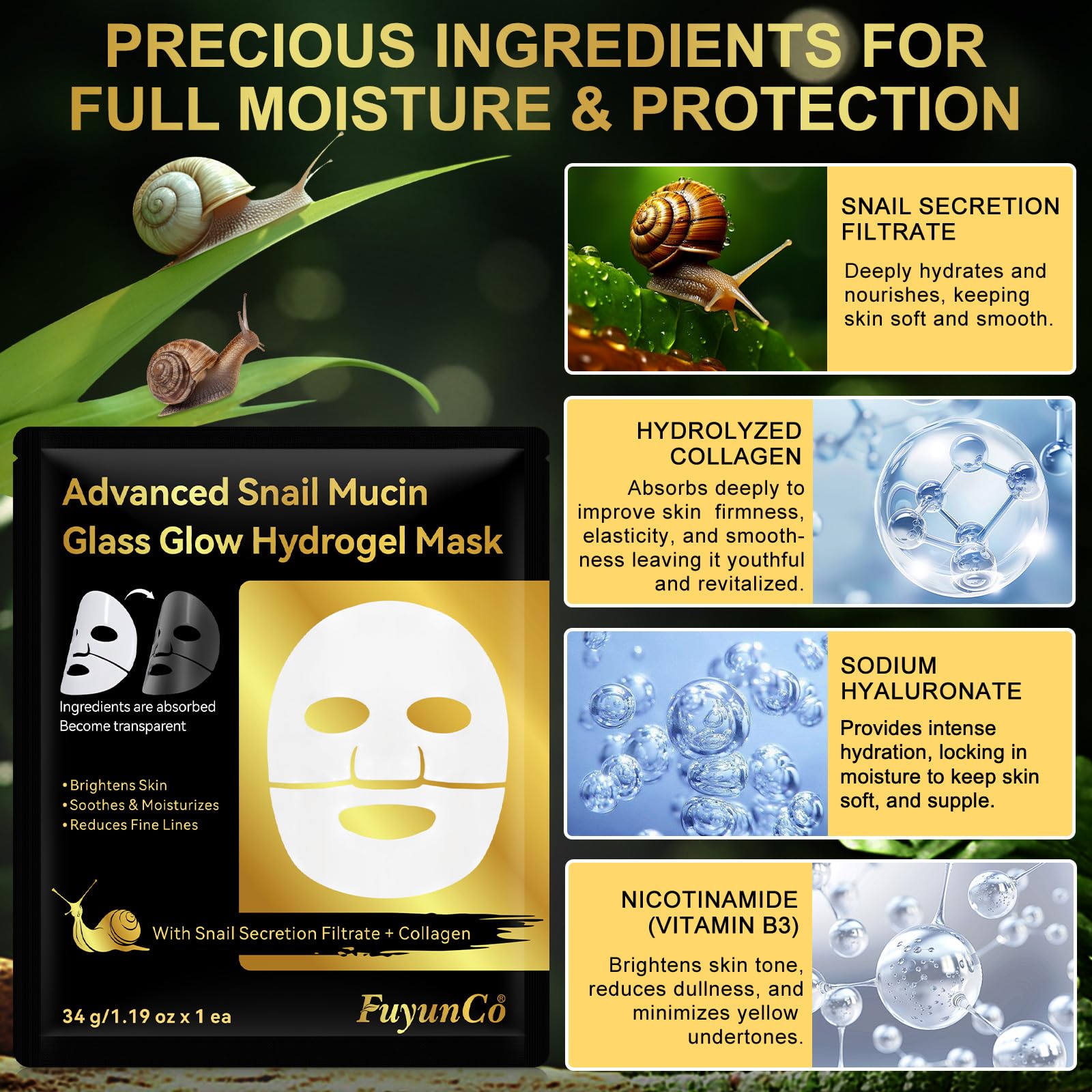 Snail Mucin Glass Glow Mask (4x Pack), Collagen Face Mask with Snail Mucin Serum - Image 4