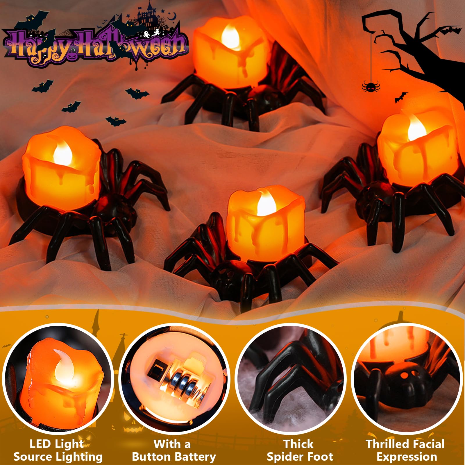 SURPZON Halloween-Teelichter – 2 Stück, Spinnen-Augapfel-Design, LED Flackernd, Flammenlos, Für Tischdekoration