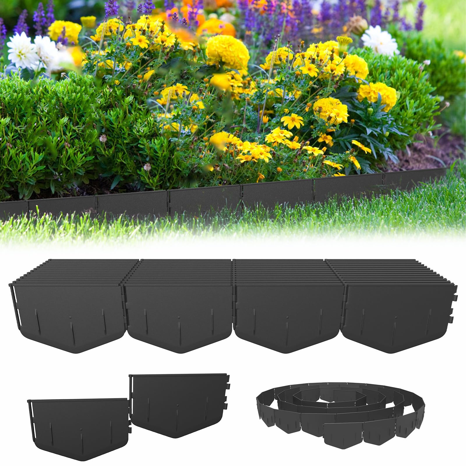 Aufun No Dig Garden Edging Border Heavy Duty Flexible Plastic Lawn Edging for Flower Bed Path Gravel Edge Easy to Install 10M (50Pieces)
