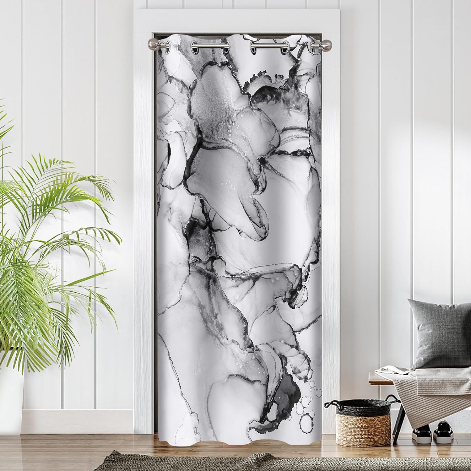 Black Gray Marble Door Curtains for Doorways, Abstract Boho Ink Art Blackout Curtain for Kids Bedroom Closet, Grommet Thermal Insulated Privacy Door Drapes for Room Divider, 34" W x 80" L