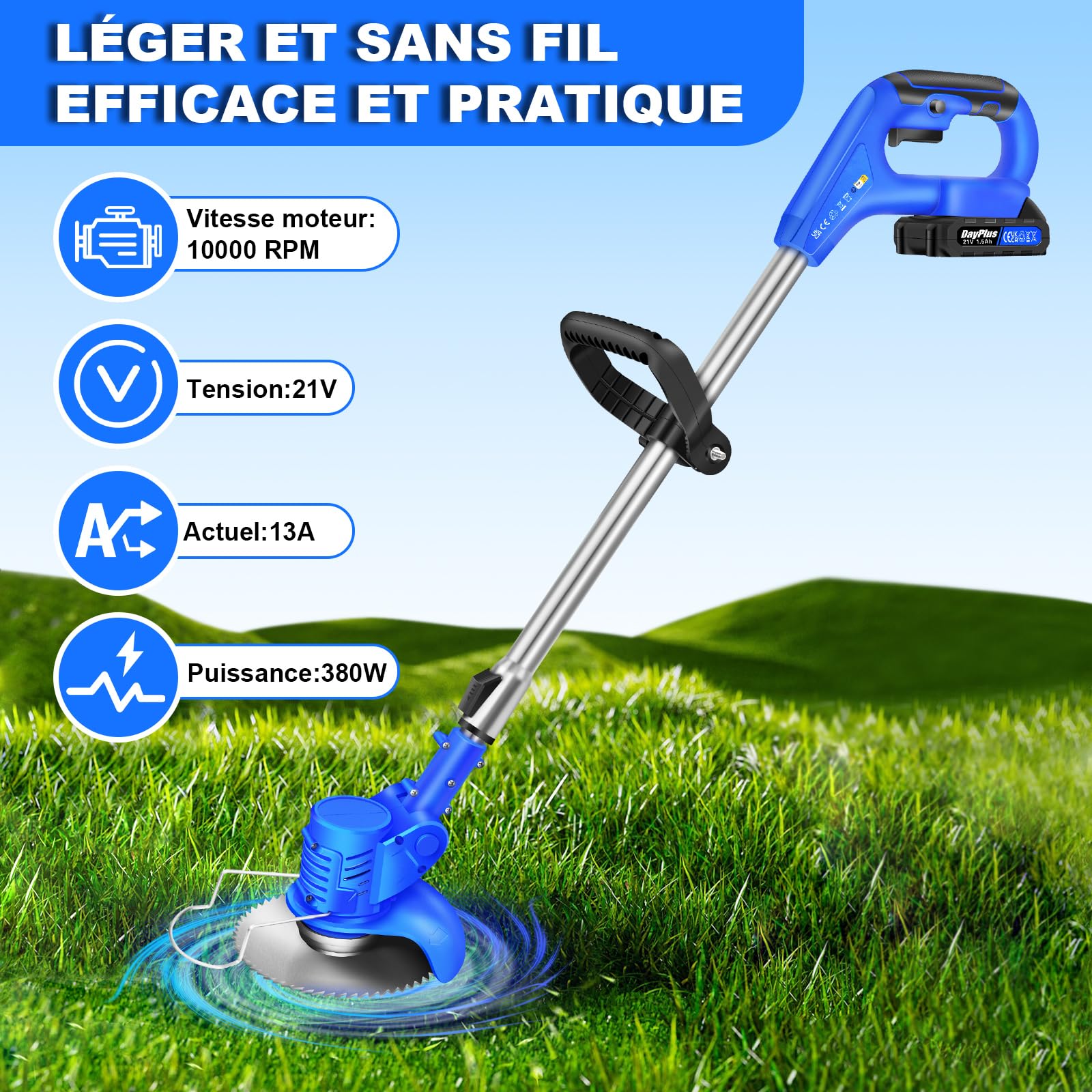 Débroussailleuse sans Fil pour Le Jardin - Débroussailleuse électrique avec 10 Lames en métal, 2 Batteries 21V 1500mAh et Chargeur Rapide pour la pelouse et Le Jardin Bleu (2 Piles)