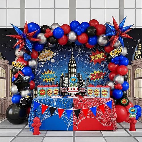 Kit de arco de guirnalda de globos azules, rojos y negros, 130 piezas con globos grandes de mylar de Starburs para decoración de cumpleaños de