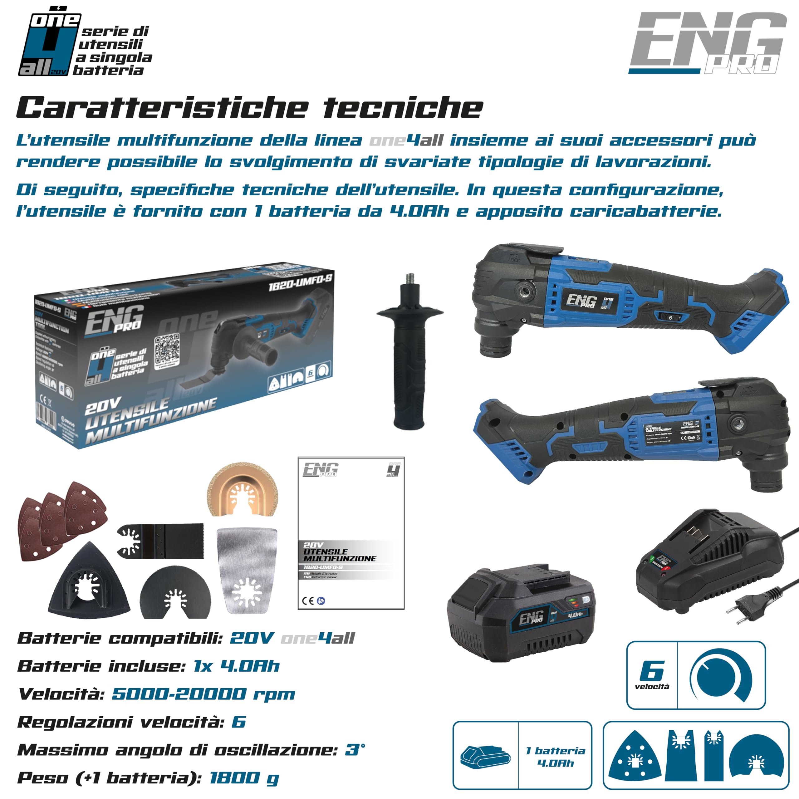 Utensile multifunzione - Linea professionale a Batteria ONE4ALL 20V - Velocità regolabile Max 20000 rpm - Accessori + Borsa Porta Utensili, 1 Batteria 4.0Ah e Caricabatteria inclusi - ENG PRO