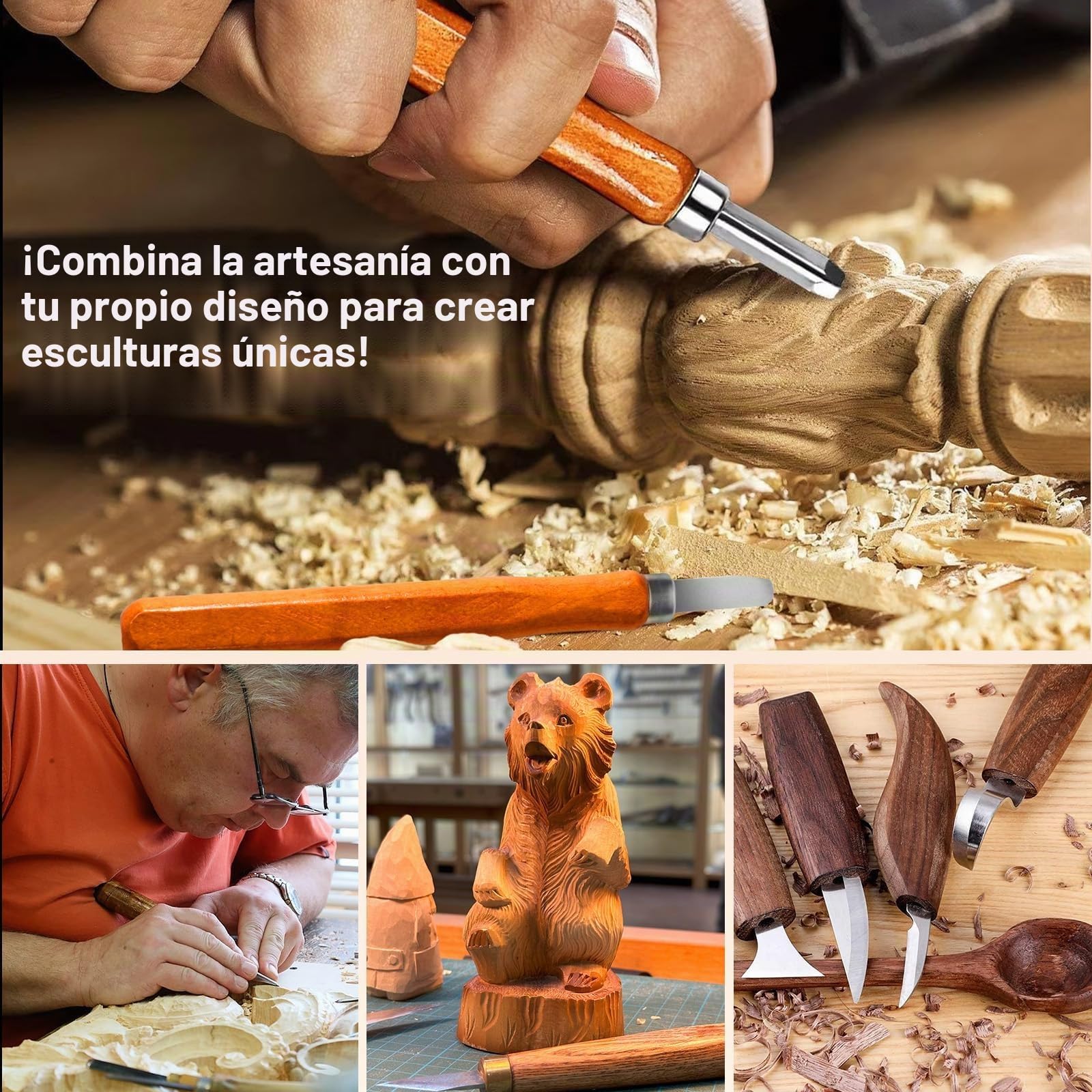Juego de 17 cuchillos para tallar de madera para principiantes, seguro y sencillo, selección completa de herramientas con guantes, bolsa de herramientas