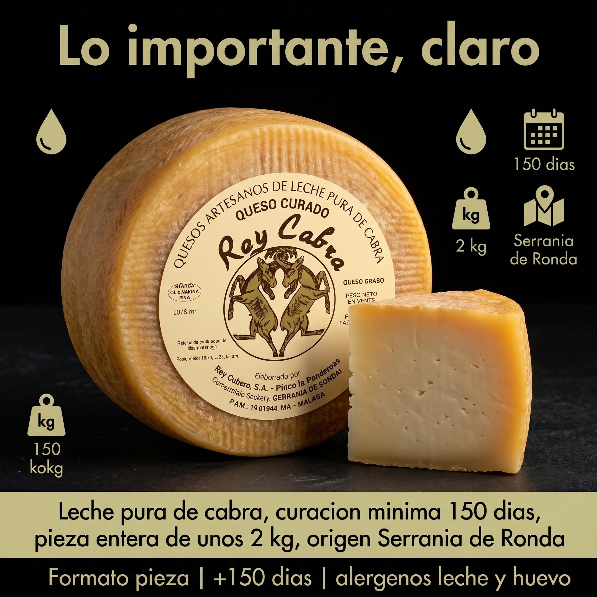 Queso Curado de Cabra Pieza Entera 2 kg Maduracion 150 Dias Sabor Intenso | Leche pura artesano Serrania Ronda Malaga punto picante mantecoso tabla aperitivo maridaje vino tinto regalo gourmet