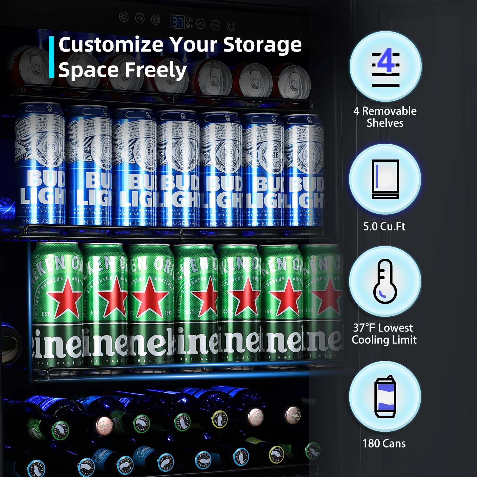 Mzavp 24 Inch Beverage Refrigerator, 180 Cans Built-In Beverage Cooler With Glass Door, Under Counter Or Freestanding Drink Fridge With LED Light & Adjustable Shelves For Home Bar Office - Silver on Fridge.com - View 3