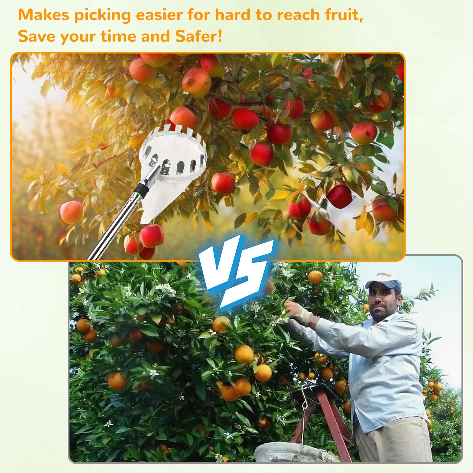 GAESHOW Raccogli Frutta Telescopico 4M, Raccoglitore di Frutta con Manico Telescopico, con Palo in Acciaio Inox Leggero e Sacchetto di Cotone, Picker per Apple Limone Cherry