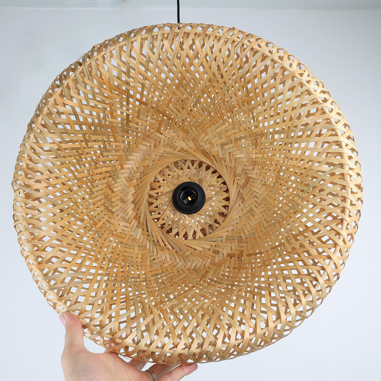 Alpinaluz Lámpara Colgante de Mimbre Beige ø480mm con Pantalla Doble Capa en Forma de Hemisferio, Portalámpara de Madera E27, Cable Negro Ajustable, Perfecta para Salón, Comedor y Dormitorio Interior