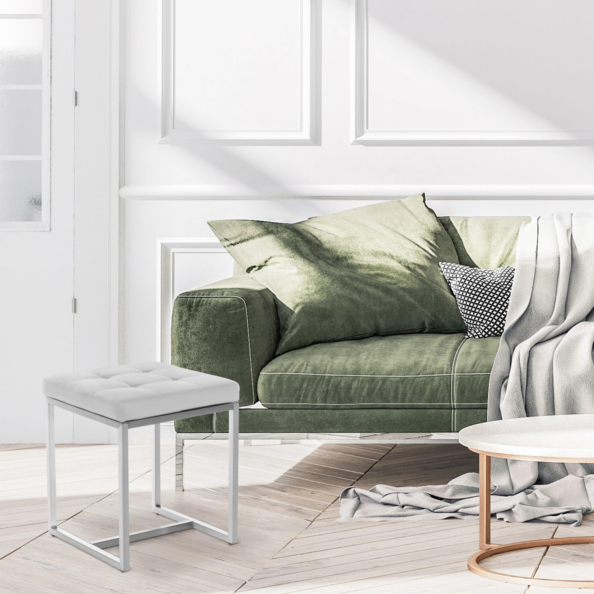 CLP Taburete Bajo Barci En Simil Cuero I Taburete De Entrada con 48cm Altura De Asiento I Taburete Cuadrado con Base De Acero INOX. I Color:, Color:Blanco