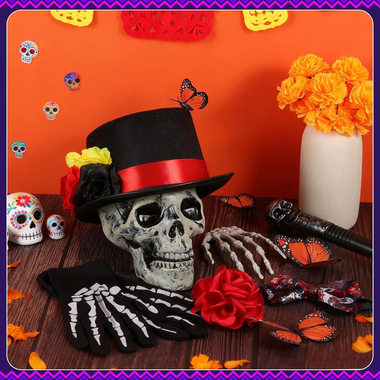 6 Pcs Halloween Day of the Dead Costume Accessories Set for Men Including Skeleton Gloves Men’s Top Hat Bow Tie Skeleton Crutch and Brooch for Dia De Los Muertos Costume Halloween Cosplay Party - Image 4