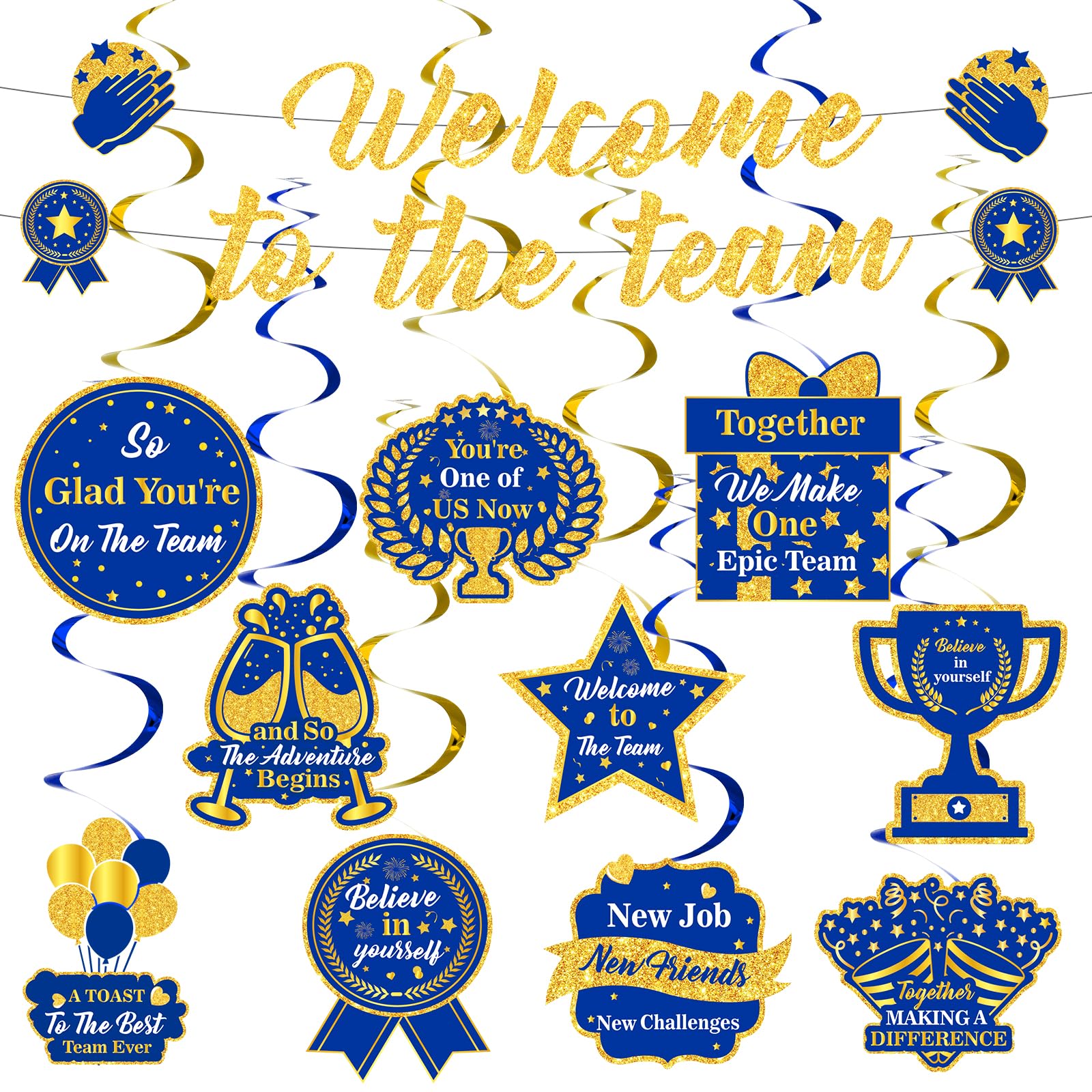 Welcome To The Team Banner Blue Gold Glitter Welcome Banner Decorations Welcome New Employee Hanging Swirls Decorations for Office Newcomers Staff